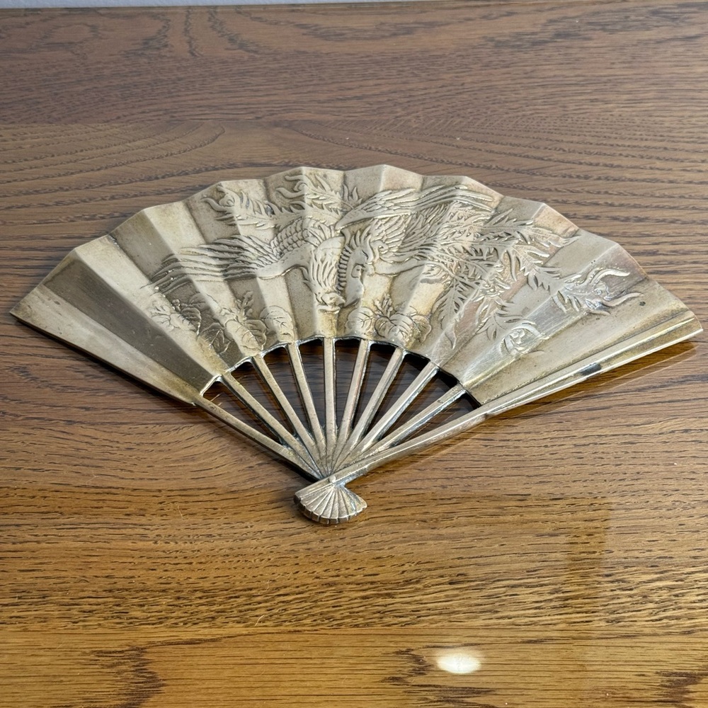 Vintage Ornate Brass Fan Detailed. Flying Bird And Leaf Pattern. 11" wide